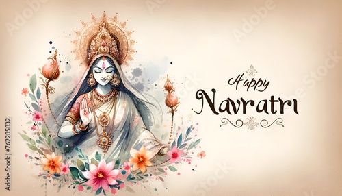 Watercolor illustration of chaitra navratri poster with a goddess durga serene portrait. photo