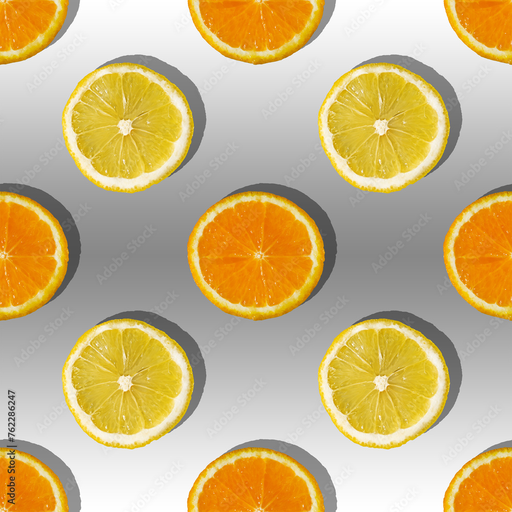 Uniform pattern of orange and lemon slices with shadow on a gray trendy background with a white gradient. Flat layout