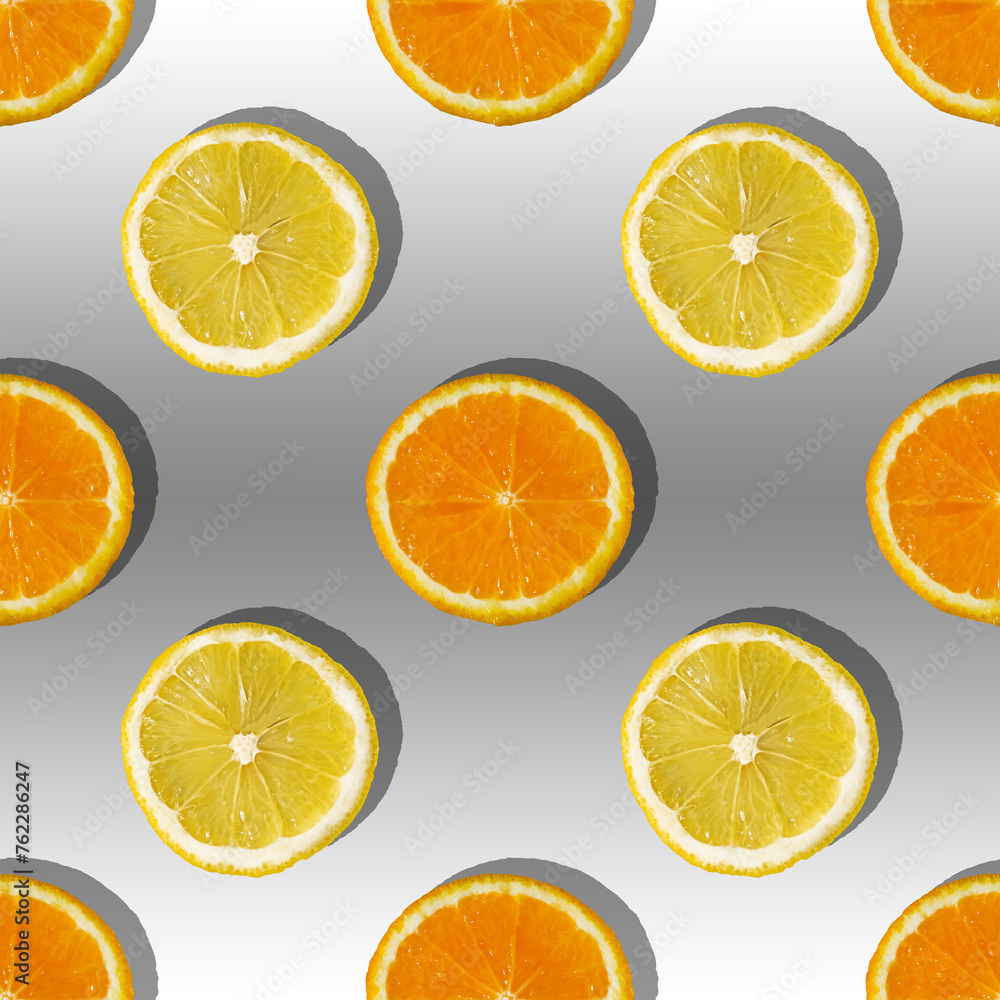 Uniform pattern of orange and lemon slices with shadow on a gray trendy background with a white gradient. Flat layout Uniform pattern of orange and lemon slices with shadow on a gray trendy background with a white gradient. Flat layout