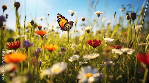 beautiful butterfly in outdoor garden flying over flowers with bright sunlight © Fajar