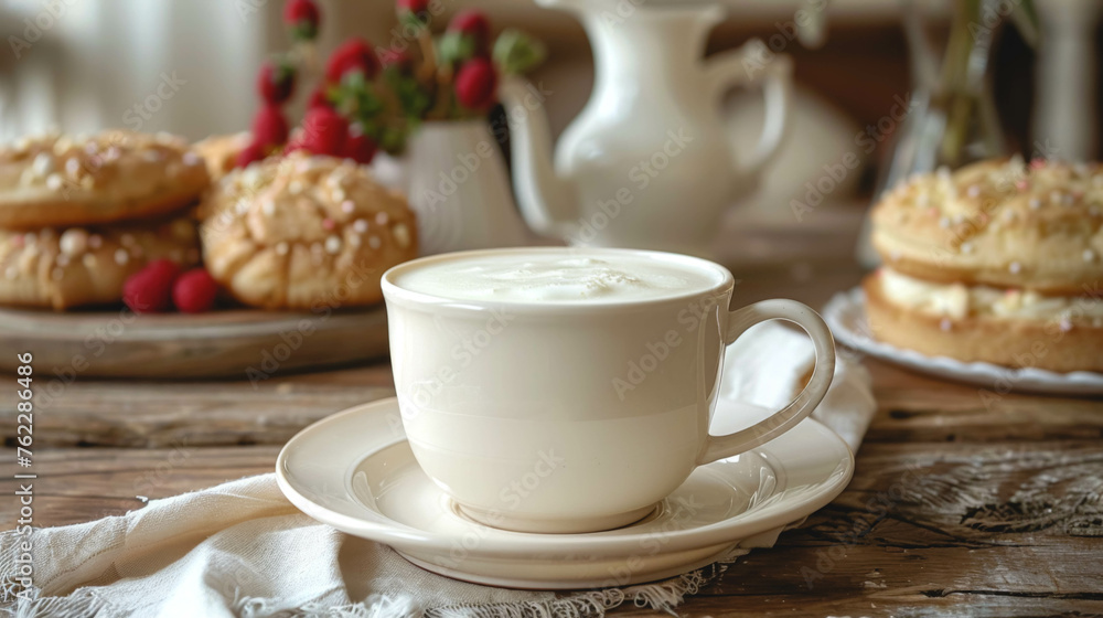 A cup of milk on a wooden table with pastries and berries.