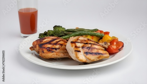 A plate of grilled chicken with vegetables isolated on white background and white plate © itnozirmia