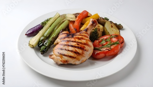 A plate of grilled chicken with vegetables isolated on white background and white plate