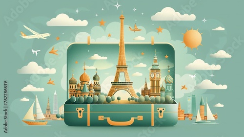 Open suitcase with landmarks travel cartoon illustration, Eiffel tower, France, Paris, Europe