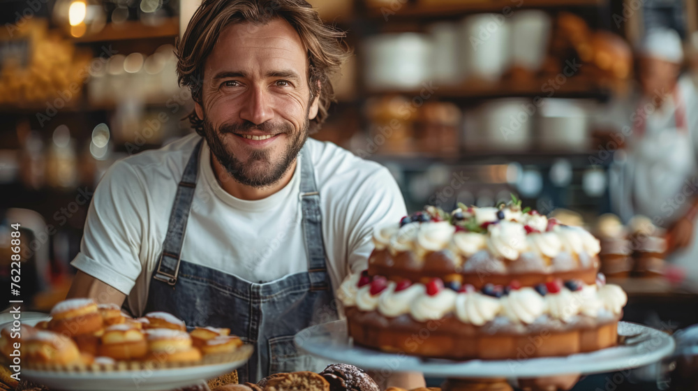 Portrait of a male pastry chef in an apron on a blurred background. Portrait of a male pastry chef in an apron on a blurred background.