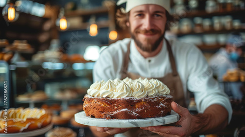 Portrait of a male pastry chef in an apron on a blurred background.