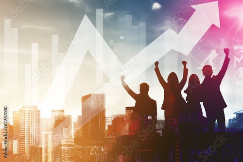 Business people celebrate success with an upward arrow showing progress, in the style of silhouette graphic, teamwork achievement