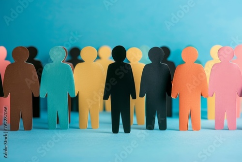 Concept of racial exclusion with cutouts of people of one color grouped discriminating against another person of another color. Front view photo