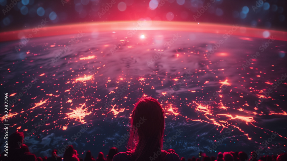 A woman is looking at a planet with a red sun in the background A woman is looking at a planet with a red sun in the background