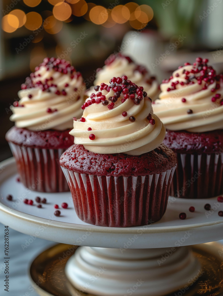 Red velvet cupcakes with cream cheese icing, close up. Red velvet cupcakes with cream cheese icing, close up.