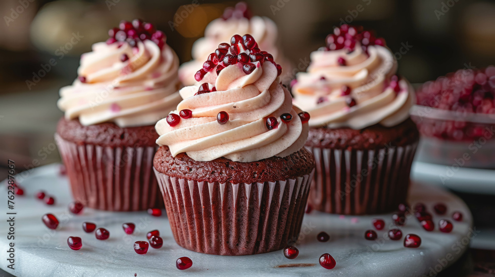 Red velvet cupcakes with cream cheese icing, close up.