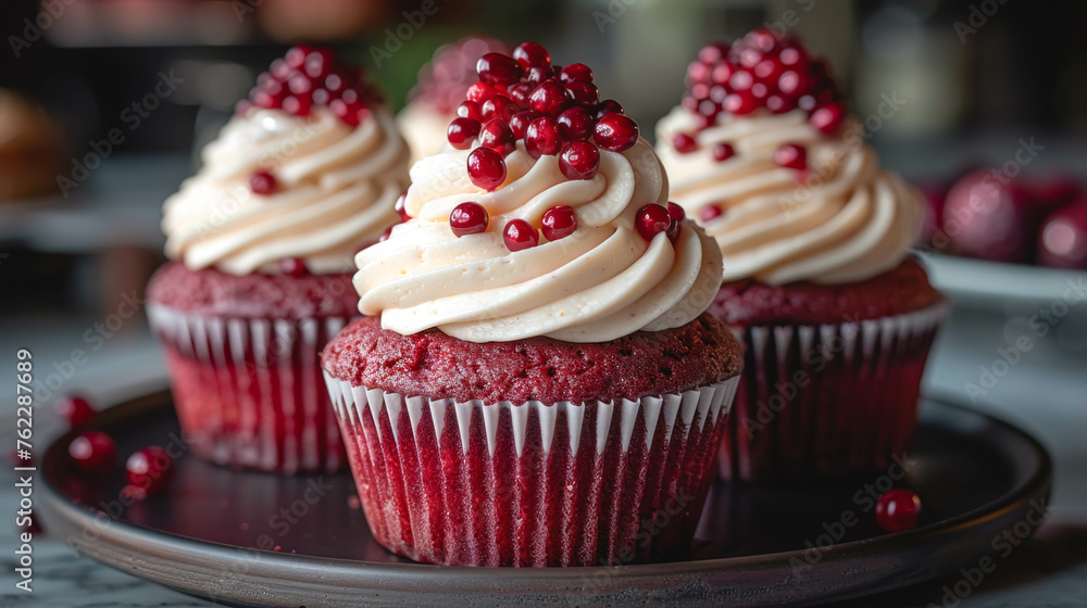 Red velvet cupcakes with cream cheese icing, close up.