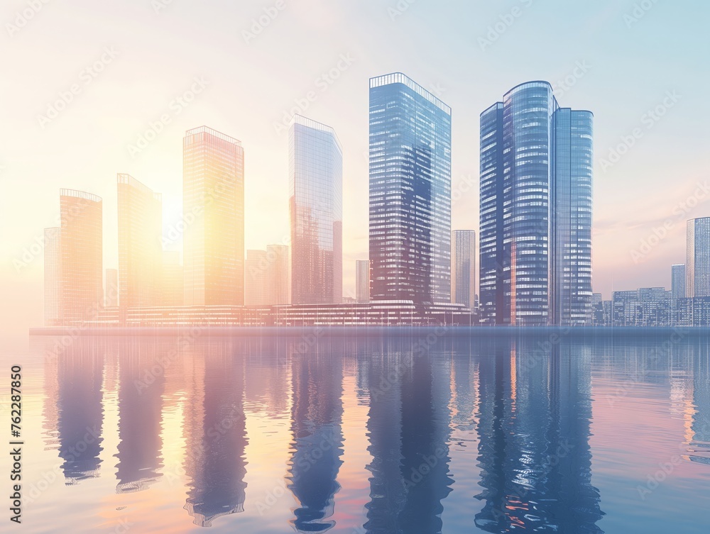 Modern skyscrapers basking in the warm glow of sunrise, reflected on a tranquil water surface.