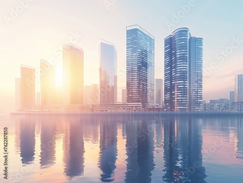 Modern skyscrapers basking in the warm glow of sunrise  reflected on a tranquil water surface.