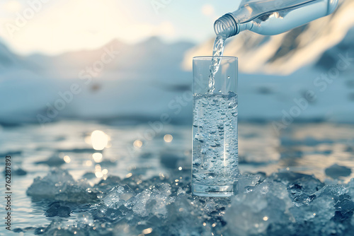 Erfrischendes Mineralwasser in der Natur vor verschneiten Bergen photo