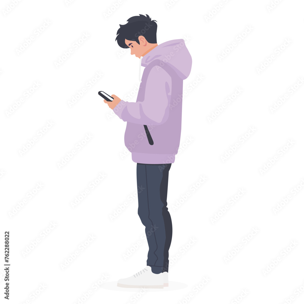 A man standing looking at a full-length phone, flat illustration, user interface illustration, isolated on a white background A man standing looking at a full-length phone, flat illustration, user interface illustration, isolated on a white background