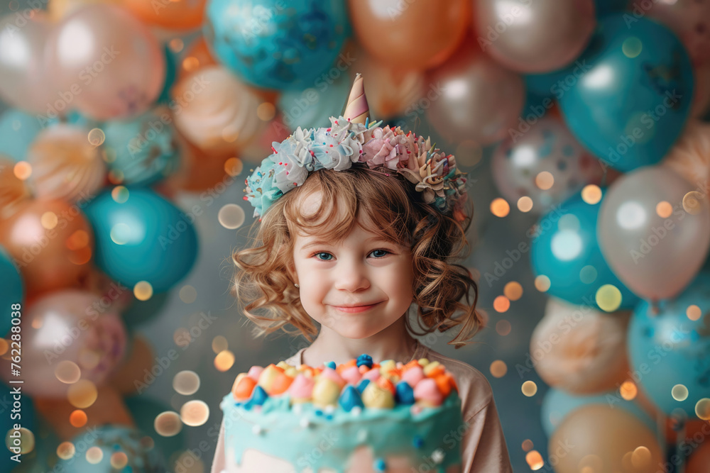 Little girl with birthday cake on background of balloons Little girl with birthday cake on background of balloons