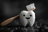 Cute cartoon tooth with smile and eyes holds toothbrush. Generative AI