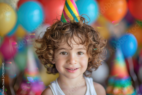 Portrait of a child on his birthday in the photo zone with balloons
