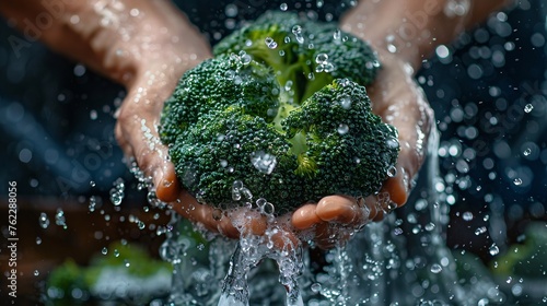 A pair of hands vigorously washing a fresh broccoli head under a splash of water  showcasing cleanliness and freshness