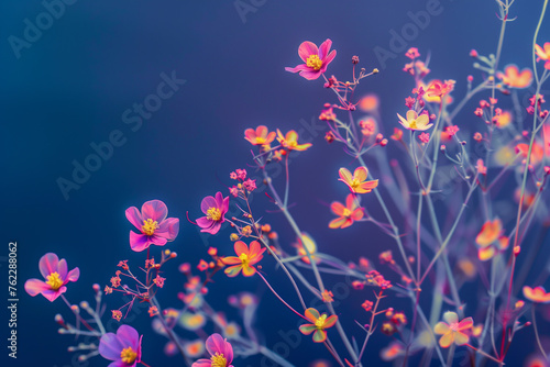 Colorful and beautiful flowers isolated in abstract minimalist copy space blue background  abstract flowers wallpaper concept  Beautiful flowers with empty space for text  colorful spring flowers