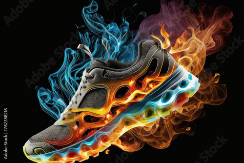 A sneaker with fire over off the shoe 