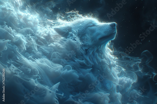 Wolves made of smoke howling at a moon made of ice, ethereal night, mystical animation photo