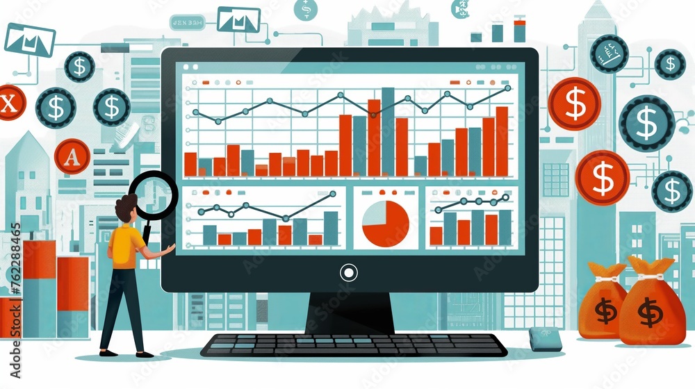 A trader looking at stocks market trading graph chart on a computer screen. Technical analysis candlestick chart. Global stock exchanges. Trading strategy illustration in flat style A trader looking at stocks market trading graph chart on a computer screen. Technical analysis candlestick chart. Global stock exchanges. Trading strategy illustration in flat style