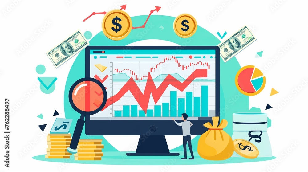 A trader looking at stocks market trading graph chart on a computer screen. Technical analysis candlestick chart. Global stock exchanges. Trading strategy illustration in flat style A trader looking at stocks market trading graph chart on a computer screen. Technical analysis candlestick chart. Global stock exchanges. Trading strategy illustration in flat style