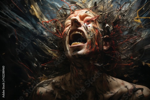 Illustration of a screaming man among colorful lines and wires coming out of his head, mental disorder, depression photo
