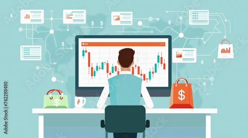A trader looking at stocks market trading graph chart on a computer screen. Technical analysis candlestick chart. Global stock exchanges. Trading strategy illustration in flat style
