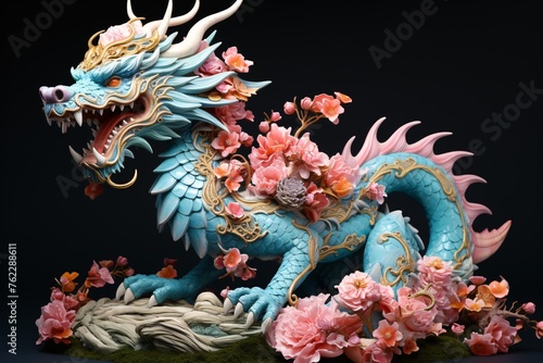a blue dragon with pink flowers