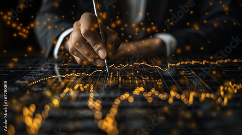 Hand of stock broker pointing with a pen at a financial graph chart stock trading analyze datum, business investment concept