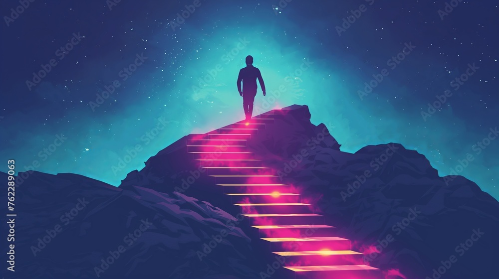 Businessman running to the top of the career ladder symbolizing success progress and achievement, reaching goals, motivation flat cartoon illustration
