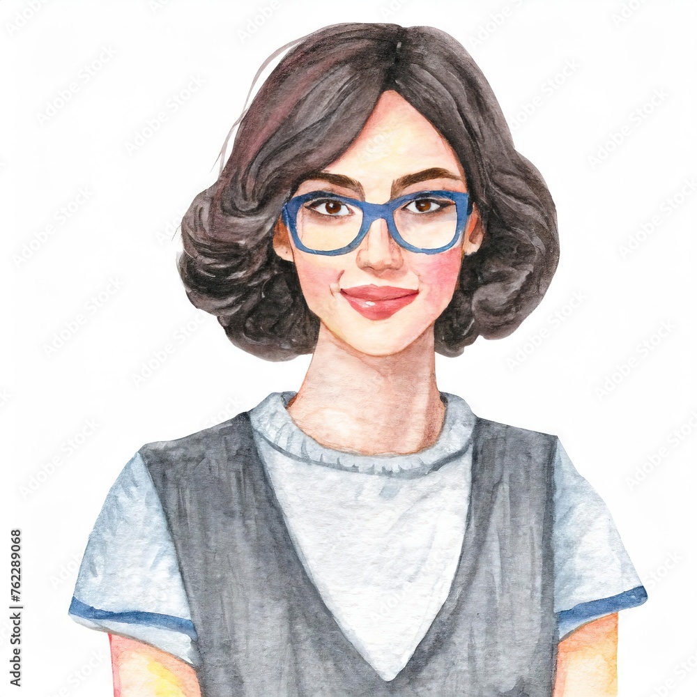 Portrait of a Smiling Woman with Glasses in Watercolor Illustration