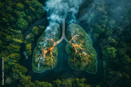 Forest lungs burning symbolizing climate change environmental forest destruction deforestation aerial view