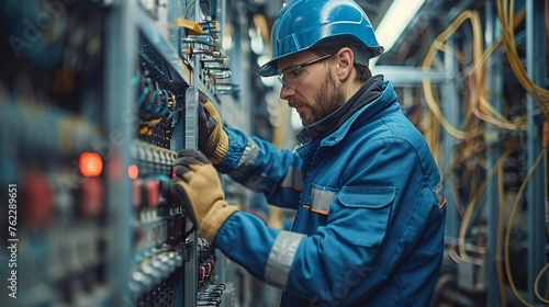 
An engineer in electric blue workwear and safety gloves using to work on an electrical box, handling wires and metal components with precision photo