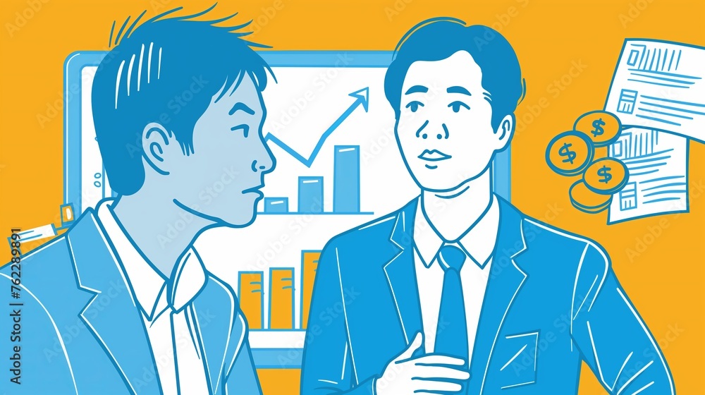 Two men with a trading economy statistics chart levels grow market analysis, trend finding, success or business investment, cartoon illustration, teaching and learning, explaining, master class course Two men with a trading economy statistics chart levels grow market analysis, trend finding, success or business investment, cartoon illustration, teaching and learning, explaining, master class course