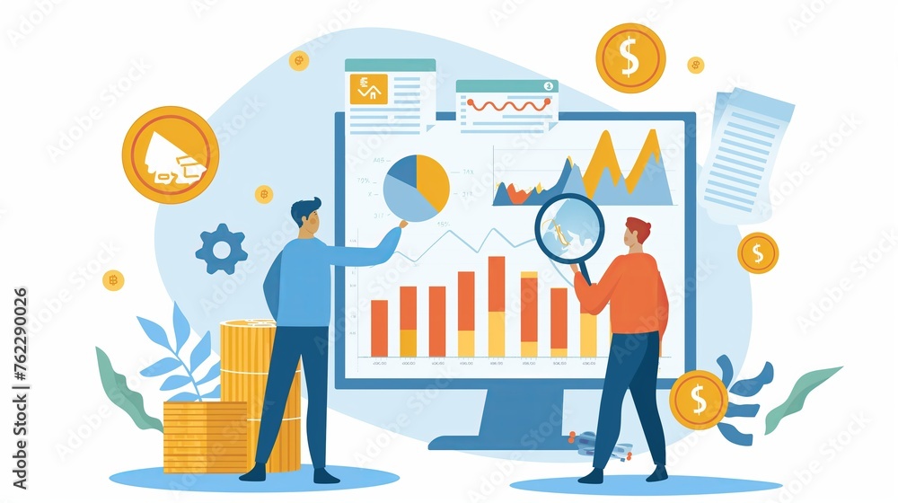 Two men with a trading economy statistics chart levels grow market analysis, trend finding, success or business investment, cartoon illustration, teaching and learning, explaining, master class course Two men with a trading economy statistics chart levels grow market analysis, trend finding, success or business investment, cartoon illustration, teaching and learning, explaining, master class course