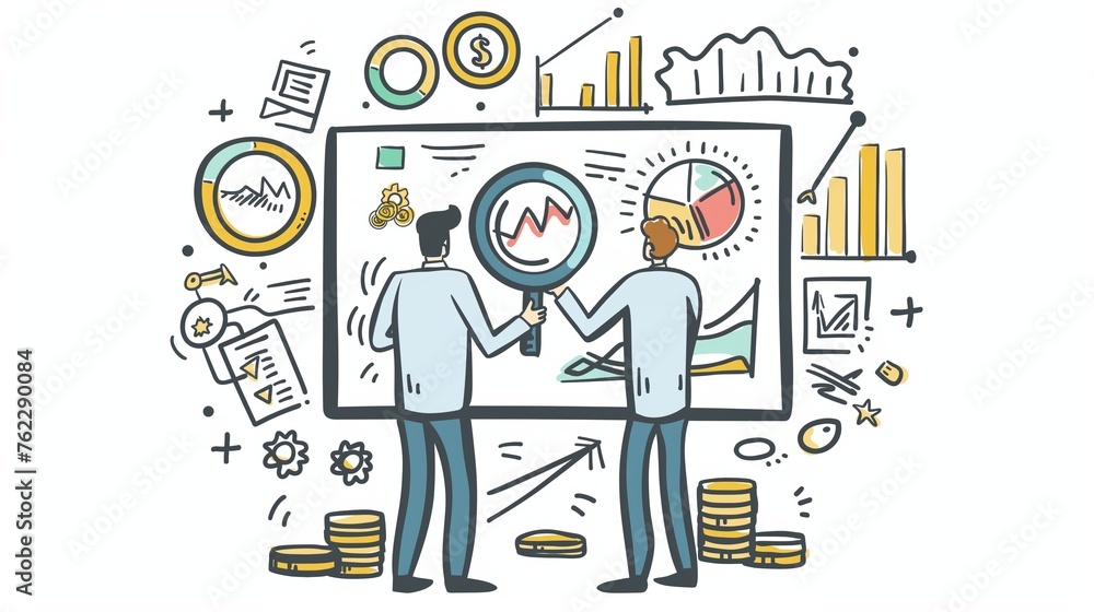 Two men with a trading economy statistics chart levels grow market analysis, trend finding, success or business investment, cartoon illustration, teaching and learning, explaining, master class course Two men with a trading economy statistics chart levels grow market analysis, trend finding, success or business investment, cartoon illustration, teaching and learning, explaining, master class course