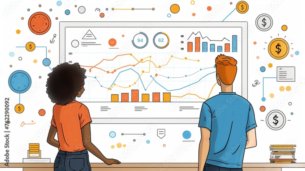Two persons man and woman with a trading economy statistics chart levels grow market analysis, learning, trend finding, success or business investment, cartoon illustration Two persons man and woman with a trading economy statistics chart levels grow market analysis, learning, trend finding, success or business investment, cartoon illustration