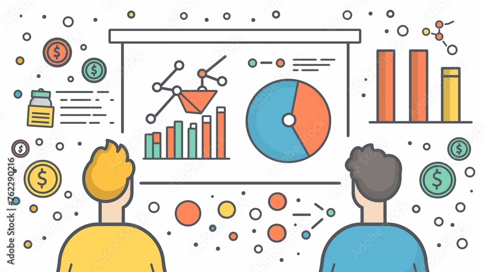 Two men with a trading economy statistics chart levels grow market analysis, trend finding, success or business investment, cartoon illustration, teaching and learning, explaining, master class course Two men with a trading economy statistics chart levels grow market analysis, trend finding, success or business investment, cartoon illustration, teaching and learning, explaining, master class course