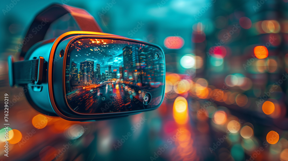 A virtual reality headset shows a cityscape with a blurry background A virtual reality headset shows a cityscape with a blurry background