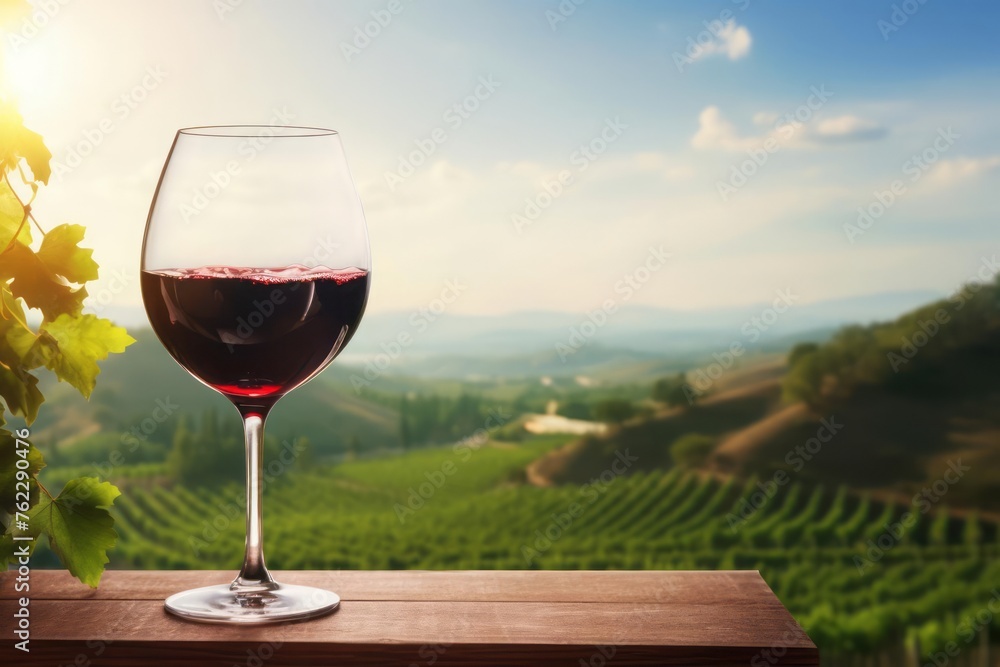 Wine glass with pouring red wine and vineyard landscape in a sunny day. Winemaking concept with copy space.