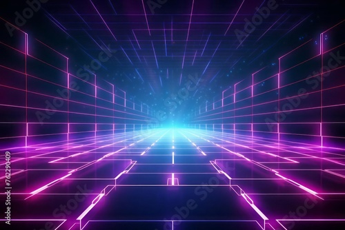 Synthwave wireframe net illustration. Abstract digital background. 80s  90s retro futurism. Retro wave cyber grid. Neon lights glowing.