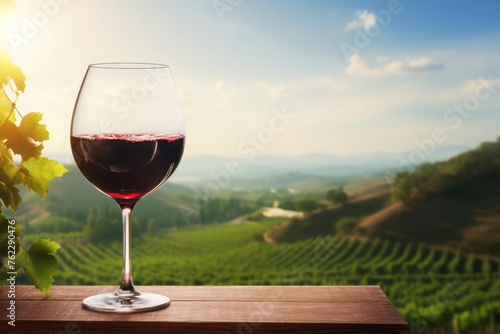 Wine glass with pouring red wine and vineyard landscape in a sunny day. Winemaking concept with copy space.