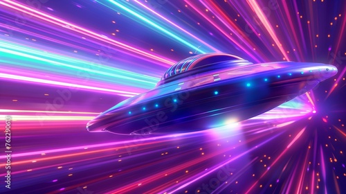Fototapeta Naklejka Na Ścianę i Meble -  A colorful space ship is flying through a purple and red background