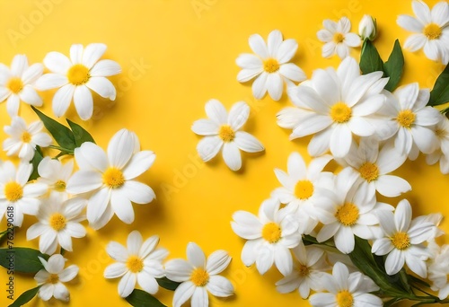 Spring creative layout with white flowers on bright yellow background. 80s, 90s retro romantic aesthetic bloom concept. Minimal fashion idea. 