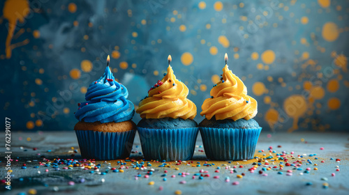 Holiday cupcakes with blue and yellow cream.