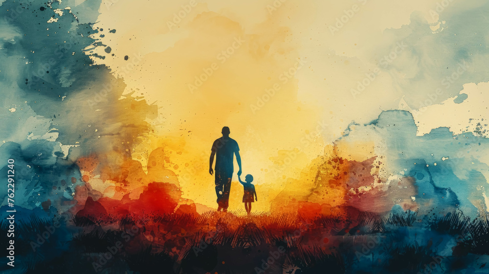 Silhouettes of a father and a small child drawn in watercolor.